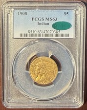 1908 $5 Indian Head Original Gold Half Eagle PCGS MS 63 CAC