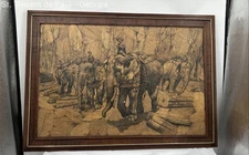 Vintage 1975 Lert Klur-Aroon Elephant Hiding Painting on Tobacco Leaves 42x32 in