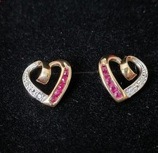 9ct Gold Ruby & Diamond Heart Stud Earrings – Mined Stones, Hallmarked 375 1.37g