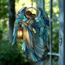 Blue Angel acrylic Suncatcher Holding Lantern Window Hanging Spiritual Sun