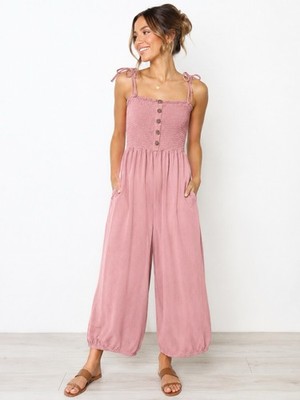 Love Tree Pink Smocked Wide Leg Jumpsuit Women's Size Small Adjustable Straps