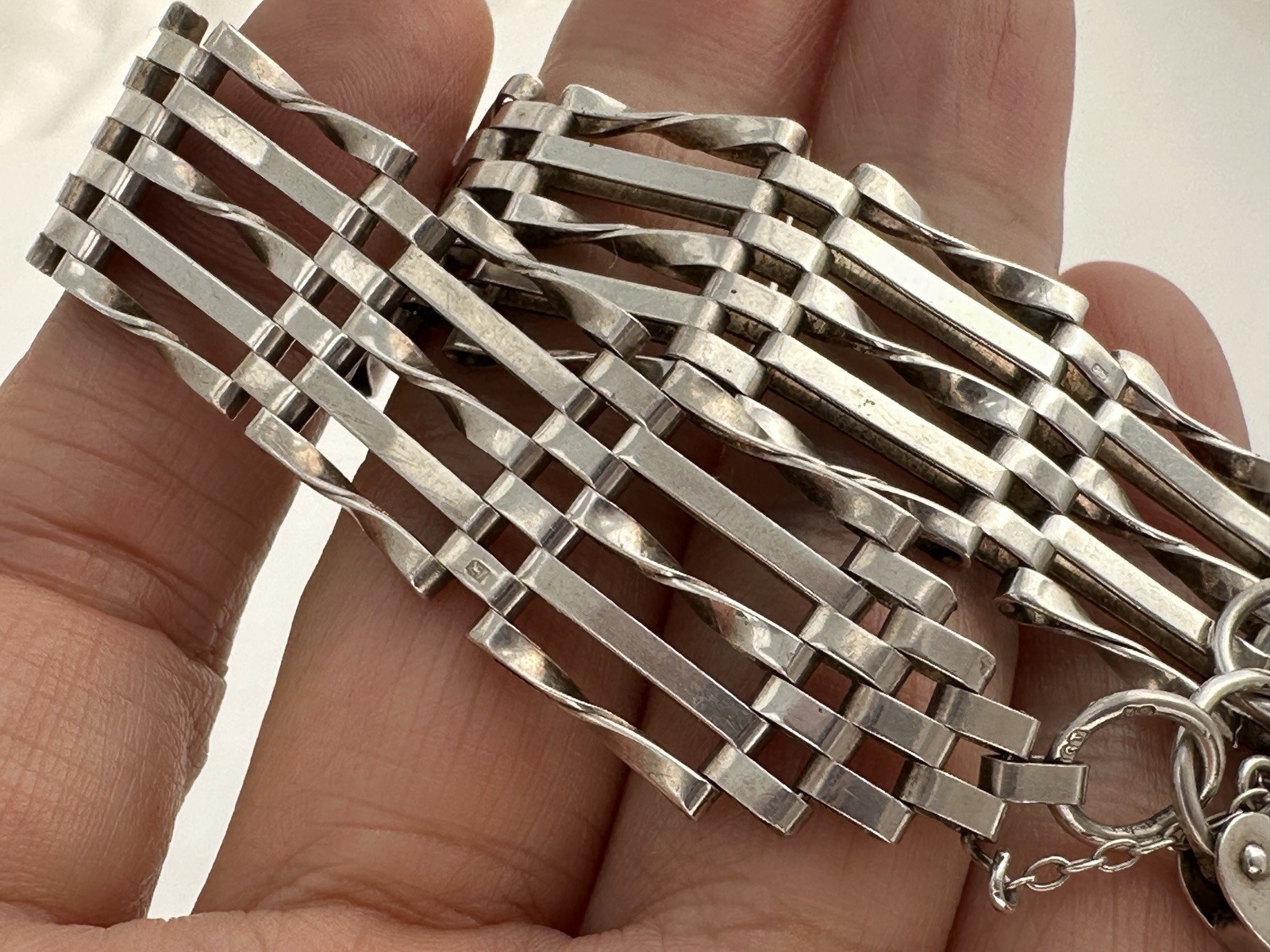 Vintage Solid Sterling Silver Bar gate Bracelet c… - image 4
