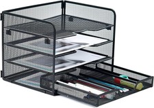 4-Tier Metal Desk Organizer-Paper Letter Tray with Drawer,Black  Desktop File
