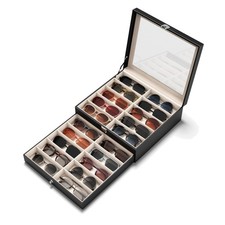 Versatile 20-Pair Sunglasses Holder with UV-Blocking Glass Lid - Black Leather