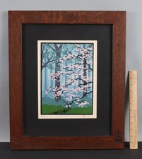 Orig LAURA WILDER Woodblock Print & Thomas Paft Arts & Crafts ROYCROFT Oak Frame