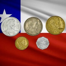 Lot of 5 Different Chile 1 Peso Coins - 1950s, 70s, 80s & 90s - Combined Ship