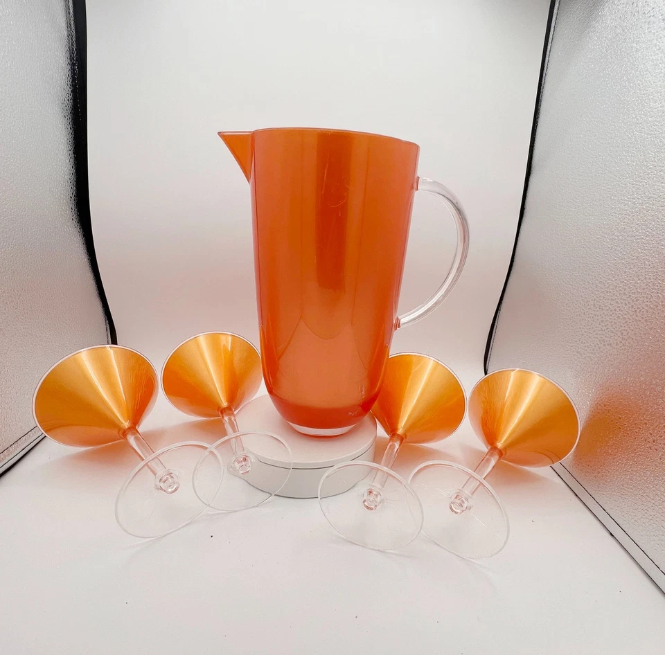 Juego de Martini/Cóctel Acrílico Naranja Vintage, Jarra y 4 Vasos Retro Años 70 Foto 3 de 4