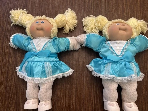 Cabbage Patch Kids Baby Doll Blonde Curly Yarn Hair Blue Dress Lot of 2