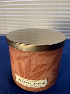 Bath Body Works Pink Rose Leather Candle 3-Wick Scented 14.5 oz Patchouli FALL
