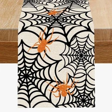 Halloween Spider Web Table Runner 13x72 Inch, Orange Spider Festival Seasonal Ta