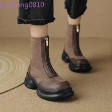 Women's Leather Ankle Boots Round Toe Shoes Block Heel Zip Formal Retro Vintage