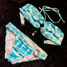 Vtg 90s Y2K 2pc Bandeau Halter Bikini Set Tie Dye Neon Blue White Boho Shell S/M