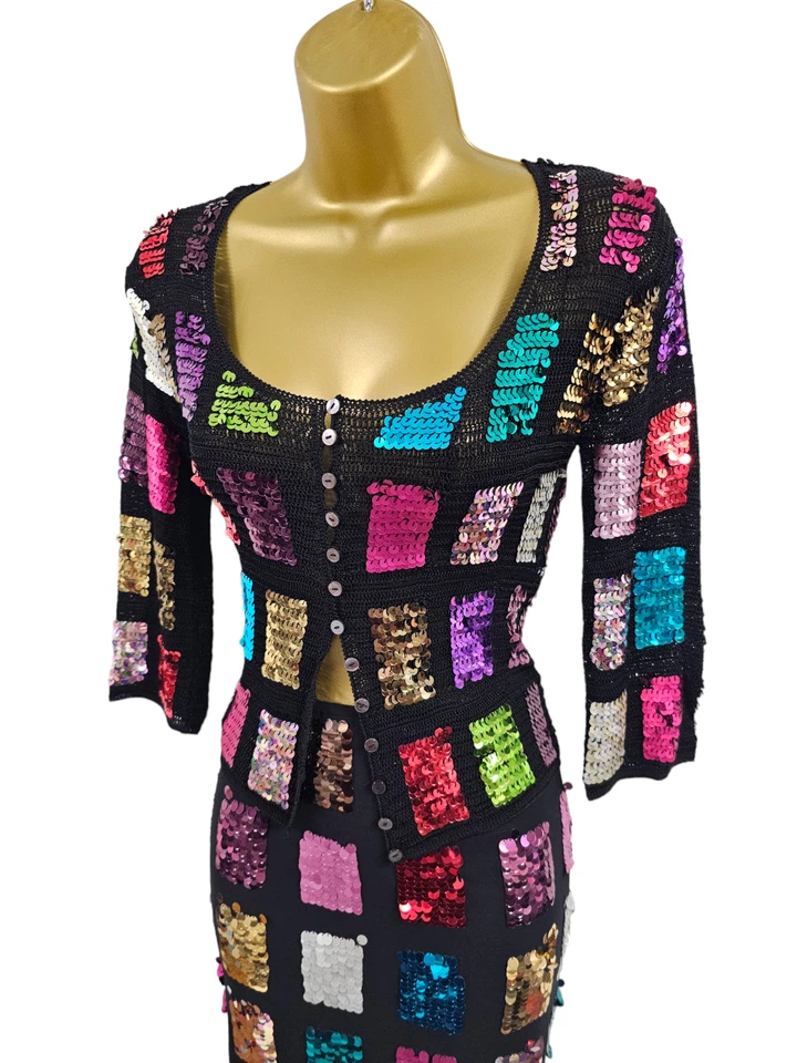 UK 10 Karen Millen Vintage Black Sequin Mesh Pencil Skirt & Crochet Cardigan Set - Image 4 of 4