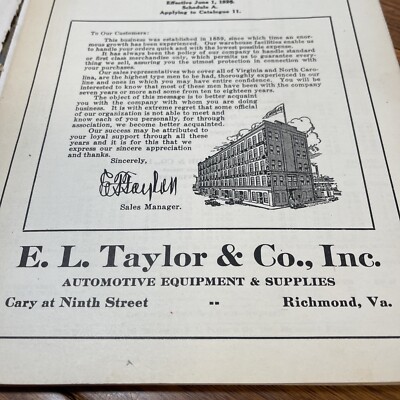 E. L. Taylor & Co. Model A -Car Automobile Catalog Richmond VA 1926 Illustrated