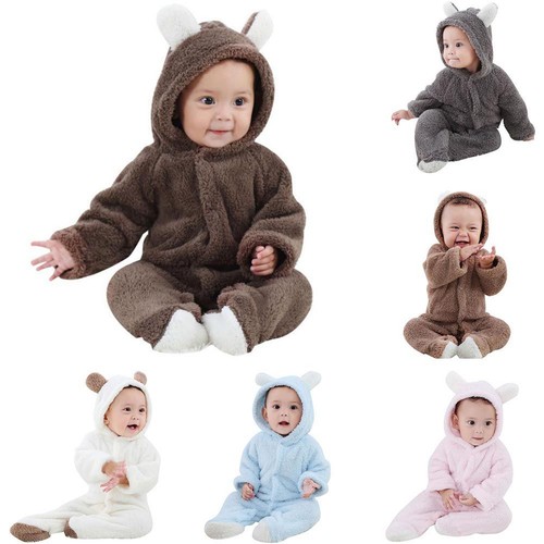 Newborn Baby Boy Girl Jumpsuit Romper Hooded Bodysuit Warm Clothes Outfit 0-12M
