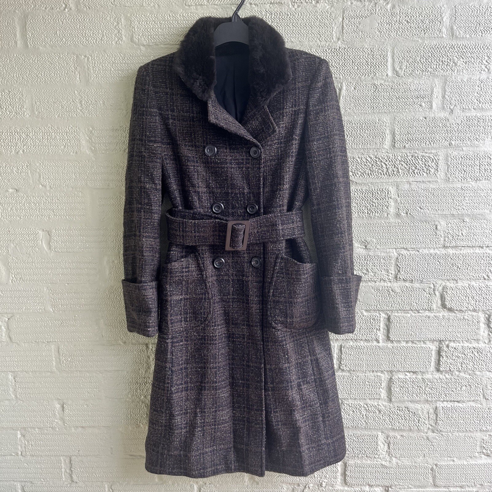 Silk Cashmere Over-Coat UK 10 Collar Wool Trench Angorra Brown Black Smart 70s