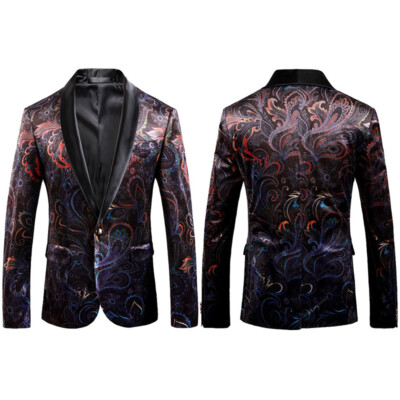 Men's Floral Velvet Dress Jacket Suit Blazer Coat Tuxedo Tops Shawl Lapel