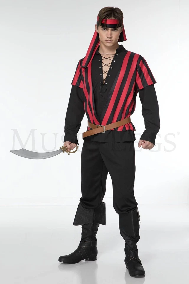 Mad Pirate 4 Pc Black Collared Black Red Halloween Cosplay Men's Costume Size XL - Image 3 of 4