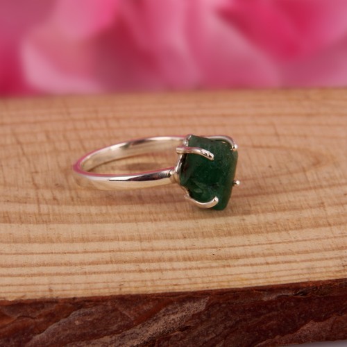 Rough Emerald Gemstone 925 Sterling Silver Engagement Band Ring Gift For Her - Picture 2 of 5