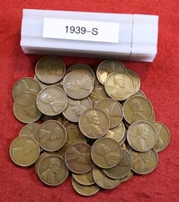 1939-S Lincoln Wheat Cent Penny 50 Coin roll Circulated coins rolls