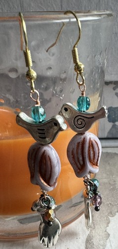 Bird And Hand Flower Earrings - Picture 3 of 7