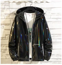 Metallic Jacket for Men's Solid Zipper Sparkle Shiny Hooded Windbreaker Casual