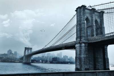 New York Brooklyn Bridge Cloudy Sky Art Wall Decor - POSTER 20x30