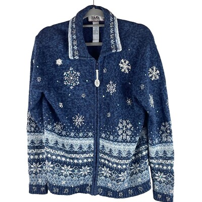 Vintage Tiara International Jacket Womens M Blue Coat Snowflake Tree