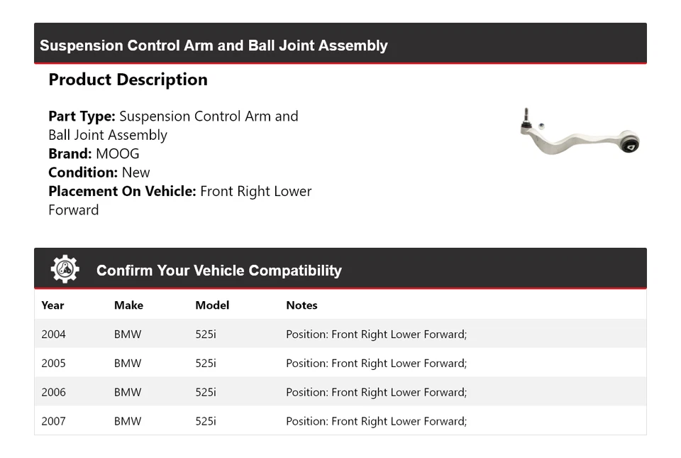Brazo de control delantero derecho delantero inferior delantero MOOG 2004 2005 2006 BMW 525i 2004-2007 Foto 2 de 4