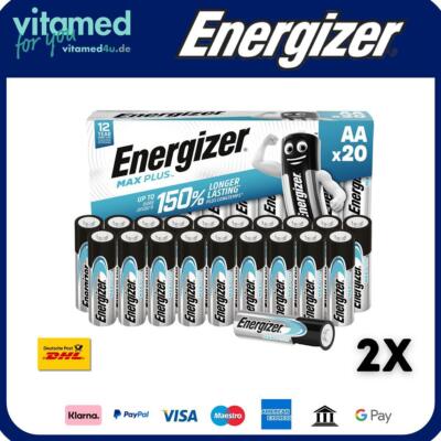 2 x Energizer Max Plus AA Mignon LR06 Alkaline 1,5V Batterie 20er Tray