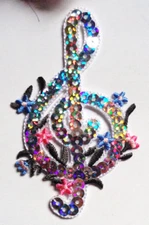 SEQUIN G CLEFT SILVER IRON ON APPLIQUE 2 x 3 1/2 inch