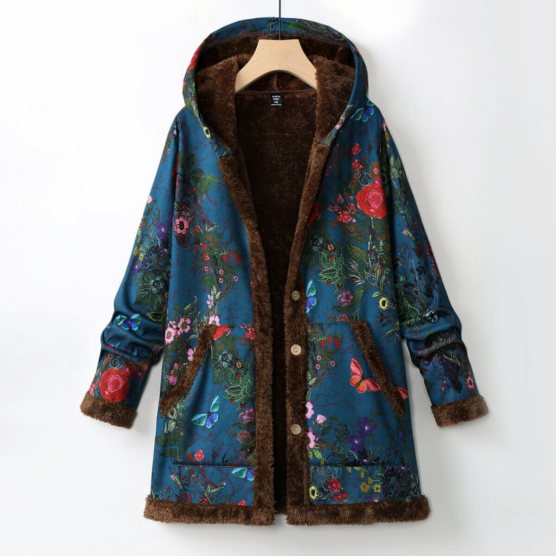 Womens Floral Print Hoodie Padded Outwear Thicken Fleece Lined Winter Loose Coat