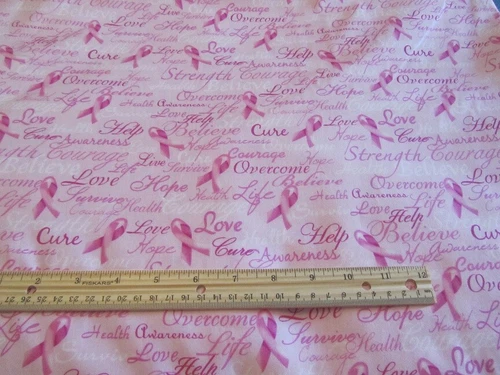 Pink Ribbons + Words of Encouragement Breast Cancer Awareness Cotton Fabric BTY