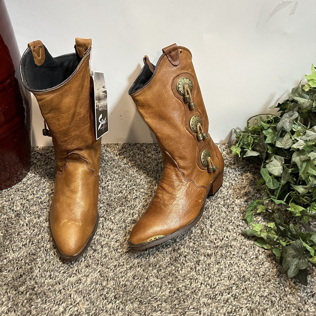 Vintage Sage Abilene Concho Studded Boots 6 M Cowgirl 