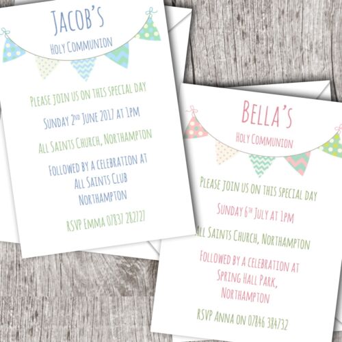 First Holy Communion Invitations ~ Personalised ~ Boy/Girl (Bunting) - Picture 1 of 3