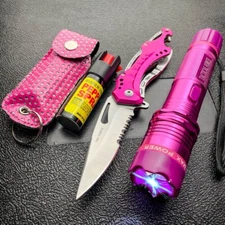 PINK Tactical Stun Gun Flashlight + Pocket Knife + Pepper Spray Self Defense KIT