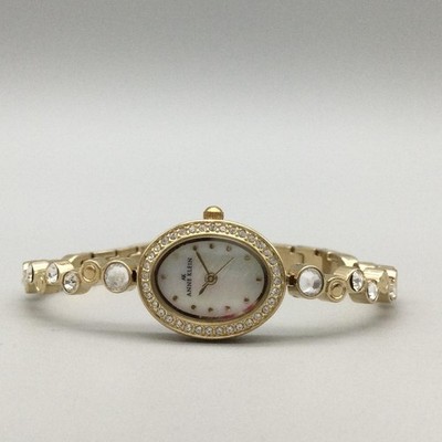 Anne Klein Women Watch 17mm Oval MOP Dial Gold Tone Crystals New Battery 6.75''