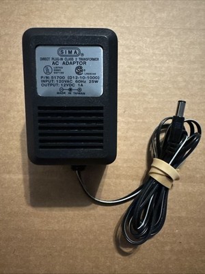 SIMA Model D12-10-1000 IN 120V 60Hz 25W 12VAC Plug In Class 2 Transformer 12VDC