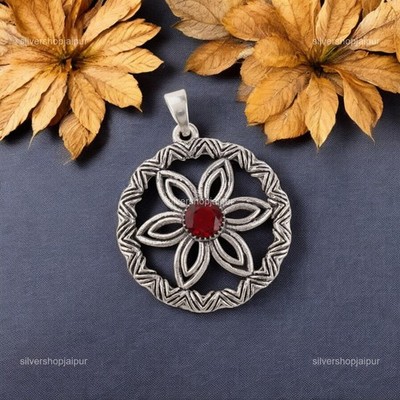925 Solid Silver Red Garnet Gemstone Best Daughters Gift Wedding Ethnic Pendant