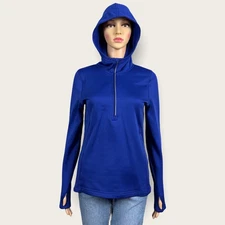Champion Blue Hooded 1/2 Zip Base Layer Pullover Warm Up Jacket SMALL Thumbholes
