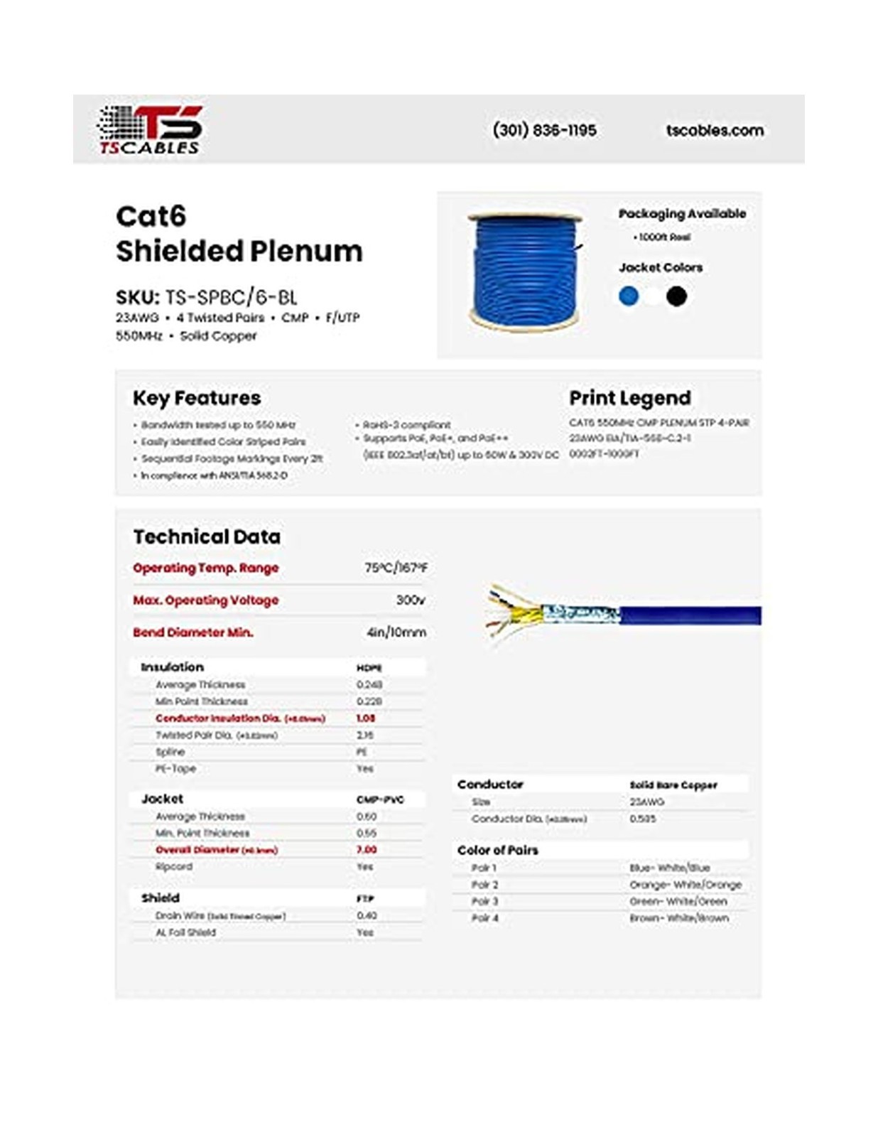 TSCables | Cat6 Plenum Shielded (CMP) Overall Foil Shield (F/UTP), 1000ft, 23...