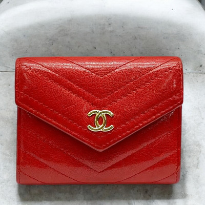 CHANEL Chevron V-Stitch Coin Case Geldbörse Compact Wallet Mini Leder Rot Aut...
