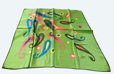 Vintage Green Silk Blend Scarf w Paisley Floral Print Design - 27"x27" Square
