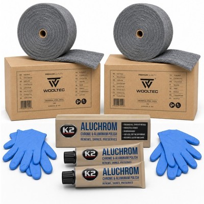 Stahlwolle 2kg + 2x K2 Aluchrom Polierpaste Felgen Polierset Auto + Handschuhe