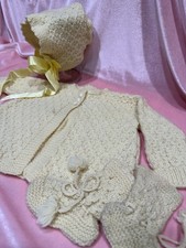 Vintage 1950s 3pc Yellow Knitted Sweater Booties Bonnet 18  Chest Newborn 0-6