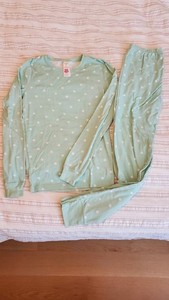 2 pc lot Mini Boden Pajama Set mint & white polka dots warm cozy! sz 14Y 164 b3