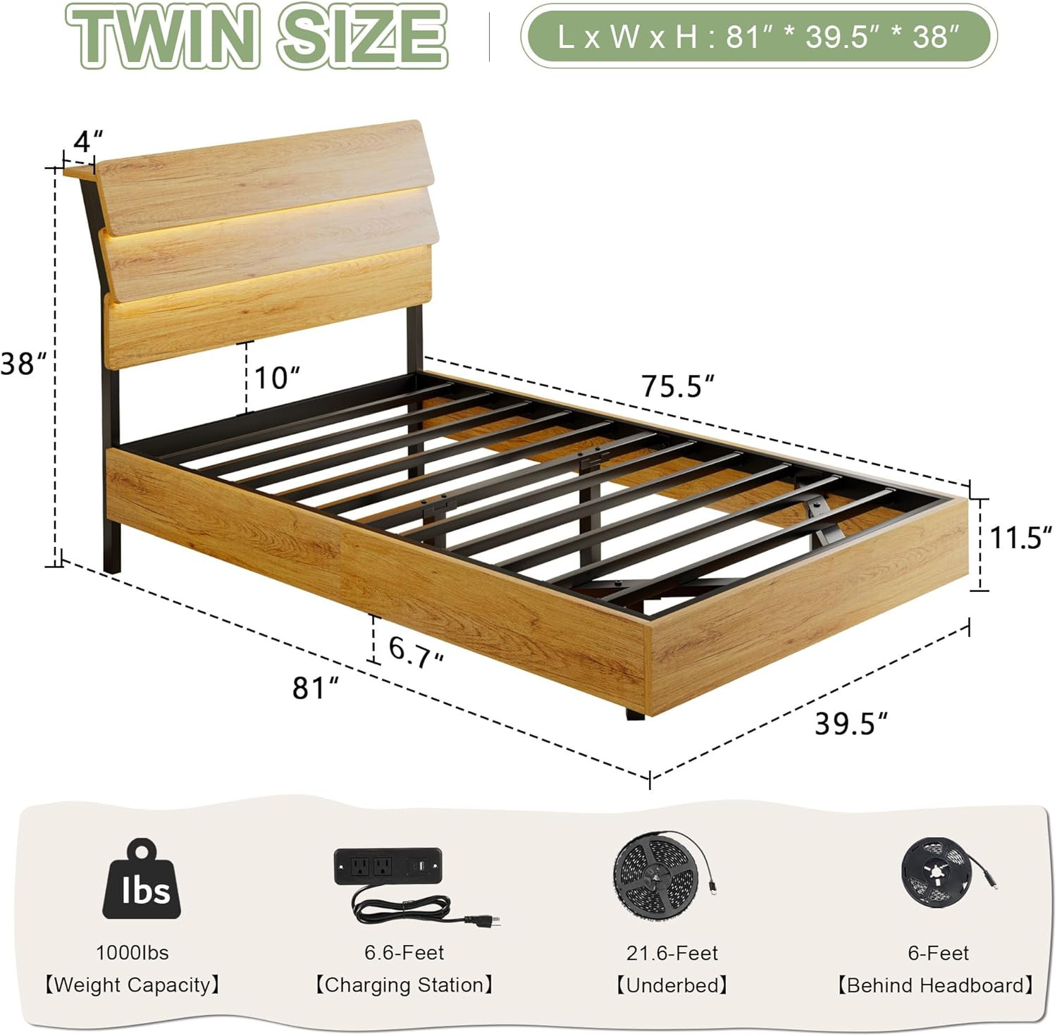 Floating Bed Frame Twin with Led Lights and Charging Station, Wood Full Size Bed