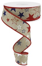 Patriotic Ribbon, Star Ribbon, Burlap Ribbon, Red Star Ribbon 10 yds - 1.5"