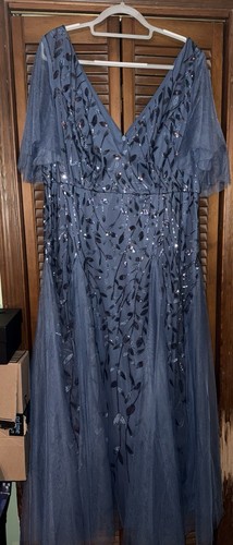 Ever Pretty Haze Blue Embroidered & Sequin Evening Gown - Size 22W Paid $97