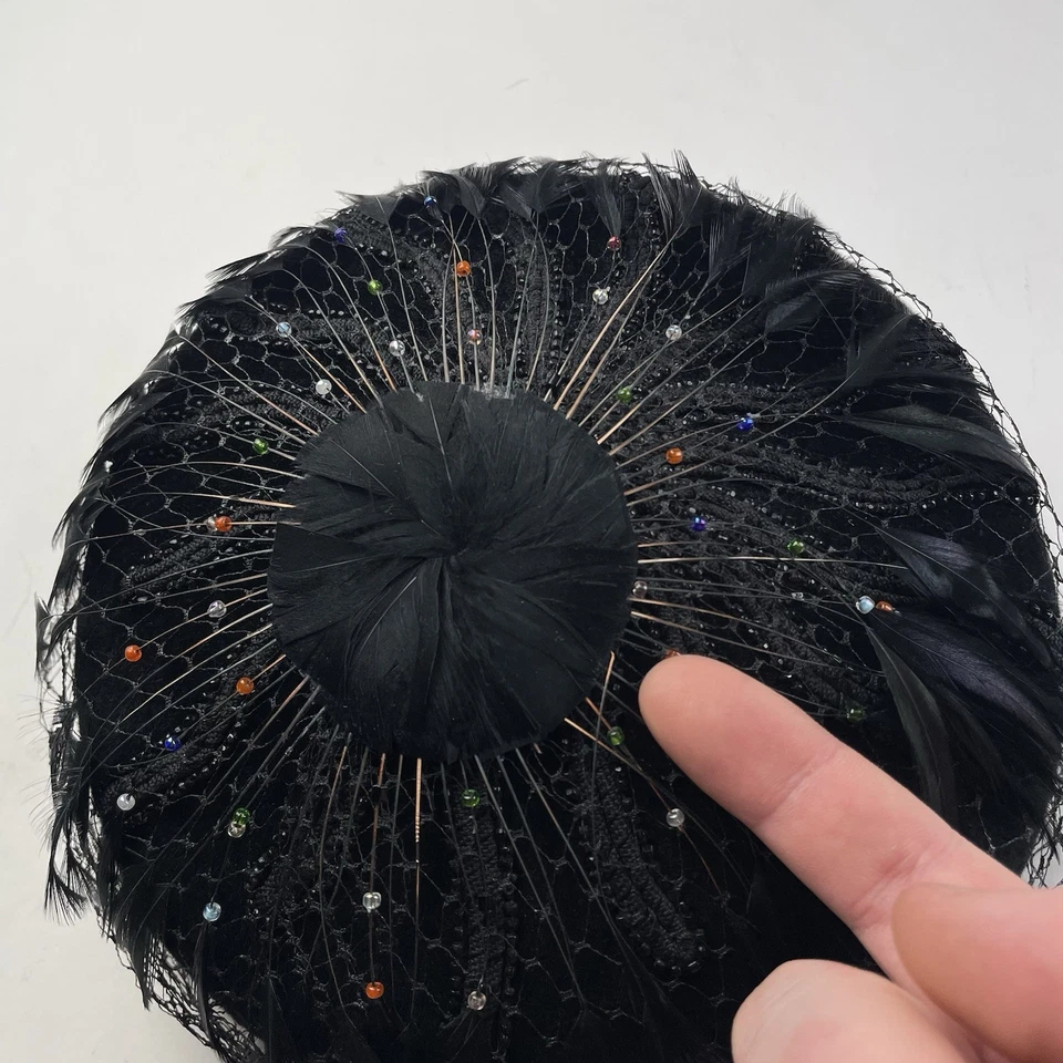 Винтажный 50-х 60-х Софи Нью-Йорк Fleur сделано Франции черный пернатый Vail шляпа EUC M/S - Изображение 2 из 4